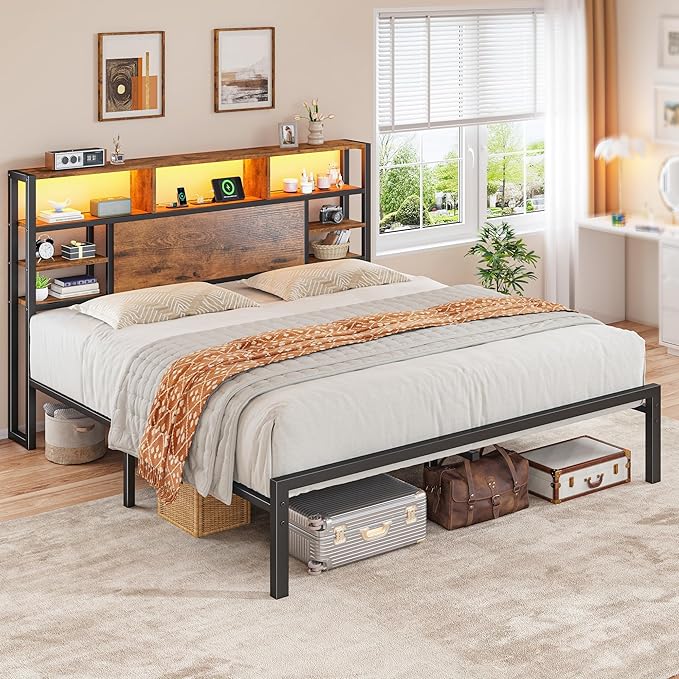Homkdom King Bed Frame with Storage Headboard and Charging Station,Brown | LED Lights，12.2" Under-Bed Storage，Supports up to 1100 LBS，No Box Spring Needed，Noise-Free,Easy Assembly