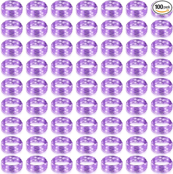 100 Packs Fairy Lights Battery Operated 3 Speed Modes, 7 Ft/ 2 M 20 LED Battery String Mini Waterproof Wire Twinkle Lights Bulk for Wedding Party Birthday Vases Decor (Purple Light)