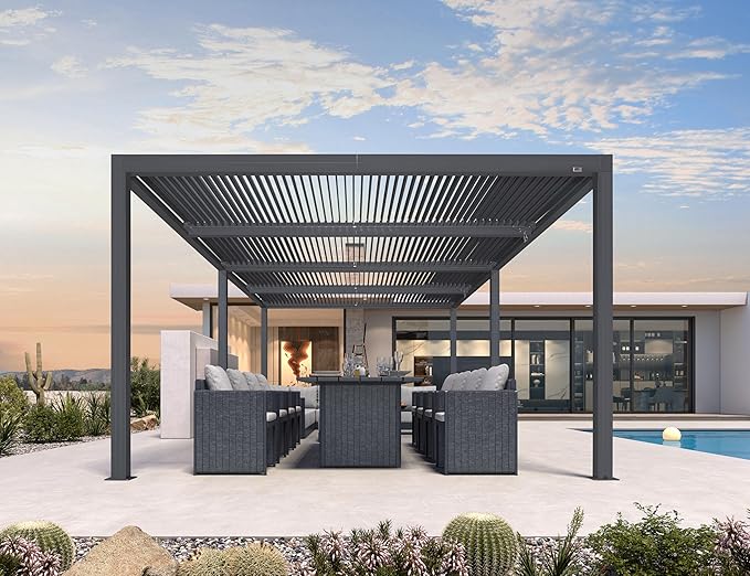 PURPLE LEAF Louvered Pergola 94AS 12' x 24' 53mph Wind Resist. Drainage Sys | Four Independently Adjustable Roofs, Zero-Rust Aluminum Construction, DIY-Friendly Assembly In Hours.