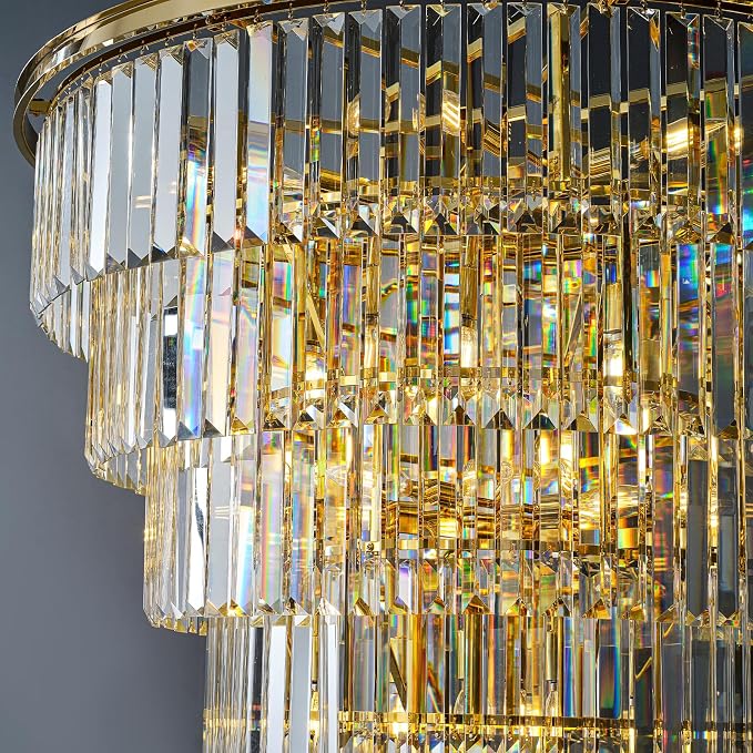 48-Inch Gold Tiered Crystal Tube Chandelier - 45-Light E12 Pendant with 580 Crystal Rods, Mirror-Polished Metal Frame, Adjustable 79" Chain, Gold
