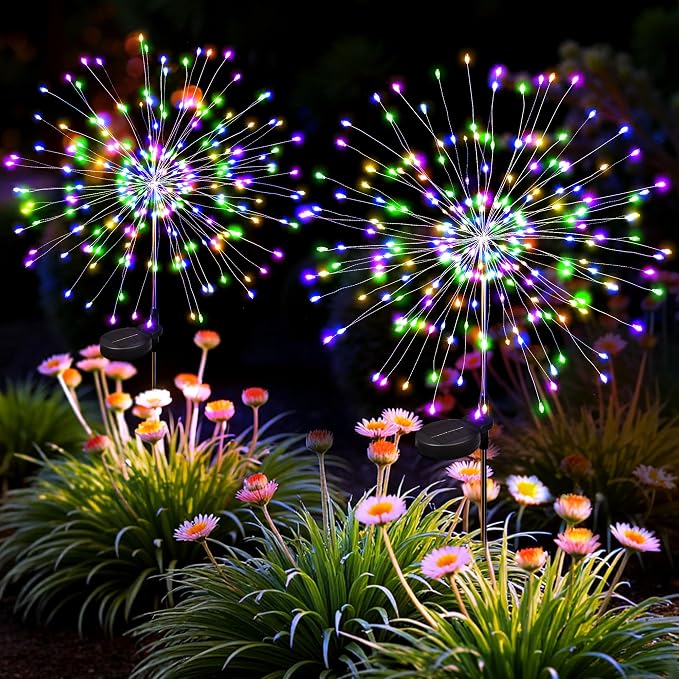2Pack Solar Lights Outdoor, Multicolor Firework Lights | 120LED Fireworks Lights Solar Powered, Waterproof Fairy Garden Lights Decor Outside for Yard Pathway Lawn Patio