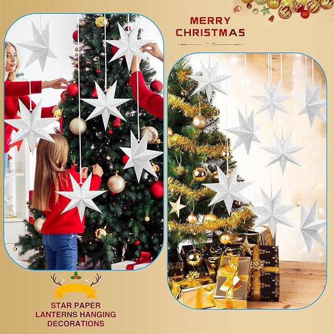 8 Pack 18 Inch/ 12 Inch/ 10 Inch 3D Paper Stars 7 Pointed Hanging Star Lanterns Lampshade Hollow Paper Star Lantern for Christmas Wedding Home Birthday Party Decorations, 3 Size