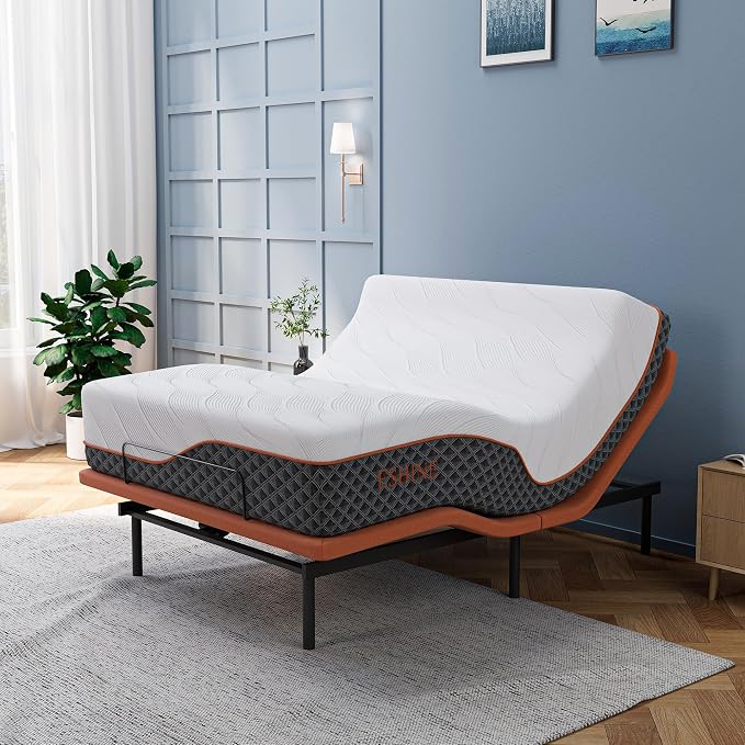 ESHINE Queen Adjustable Bed Frame 14" Hybrid Matt with Dual USB | Bed Base, Lumbar Support, Head-Pillow-Tillt, Wireless Remote, Zero Gravity, Smart App, Under Bed Light, 6000 Series