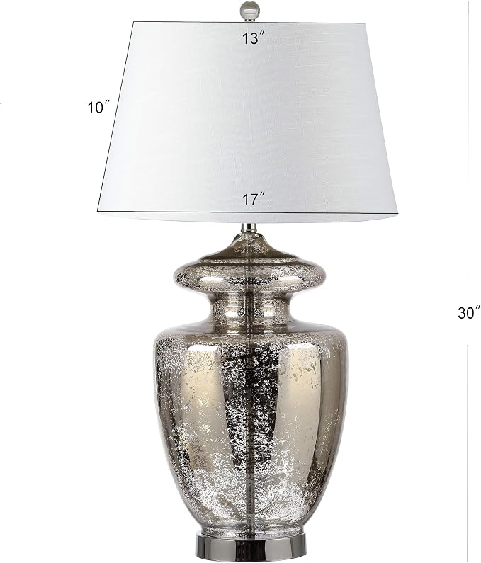 JONATHAN Y Hughes 31" Glass Table Lamp, Mercury Silver/Ivory | Contemporary Urn Bedside Lighting for Living Room, White Linen Drum Shade, Chrome Metal Base, LED Bulb Included