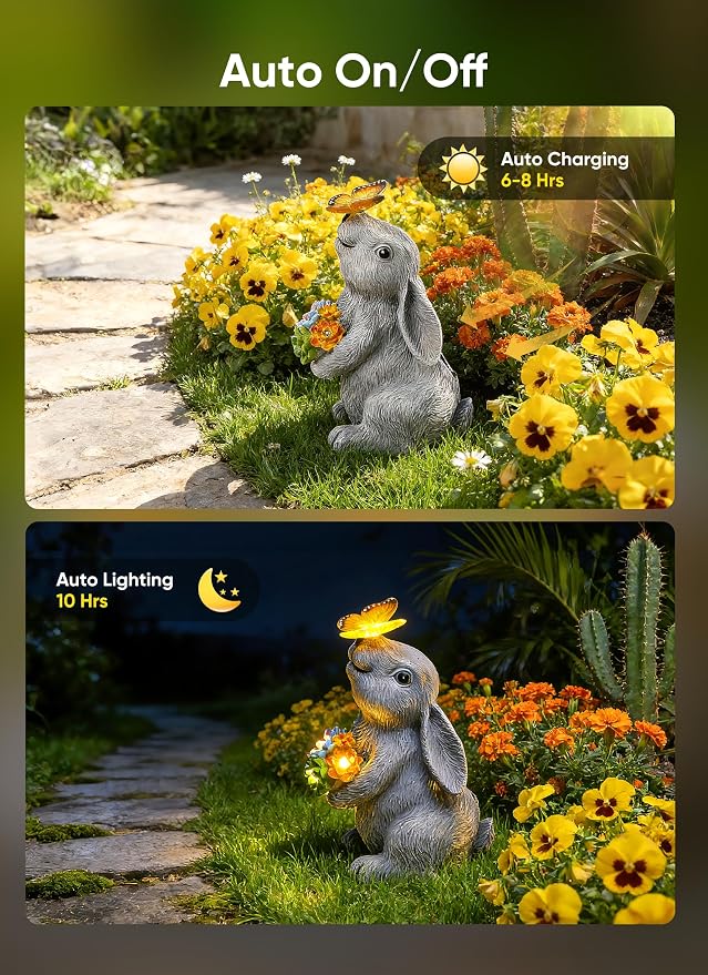 Brightown-Solar-Rabbit-Garden-Decor-Statue with 6 LED Lights, Hand-Painted Resin, IP65 Waterproof Outdoor Decor for Patio, Lawn & Yard Decorations, Unique Mothers Day Gifts for Mom Women