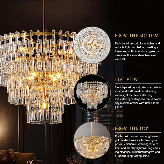 36'' W Round Crystal Chain Chandelier 9-Light E26 Modern Pendant Light, Burnished Brass Finish with 350+ Crystal Links, 79 Inch Adjustable Hanging Rod, For Foyer, Dining Room, Living Room, Gold