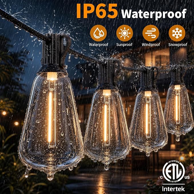 Hotsonic Remote Control Outdoor String Lights Waterproof, 100FT LED Outside Lights with Shatterproof Bulbs, Dimmable Hanging Light 3 Modes for Patio Porch Garden pergola Yard House Bistro Party decors