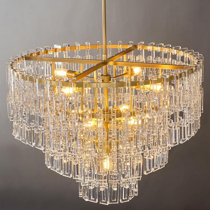36'' W Round Crystal Chain Chandelier 9-Light E26 Modern Pendant Light, Burnished Brass Finish with 350+ Crystal Links, 79 Inch Adjustable Hanging Rod, For Foyer, Dining Room, Living Room, Gold
