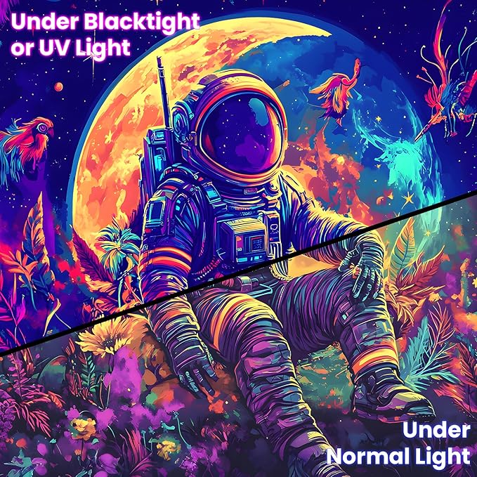 BVBOX Blacklight Space Astronaut Tapestry UV Reactive Galaxy Planet Glow in Dark Tapestries Black Light Poster Neon Wall Hanging Art for bedroom Living Room (Astronaut & Moon-1M)