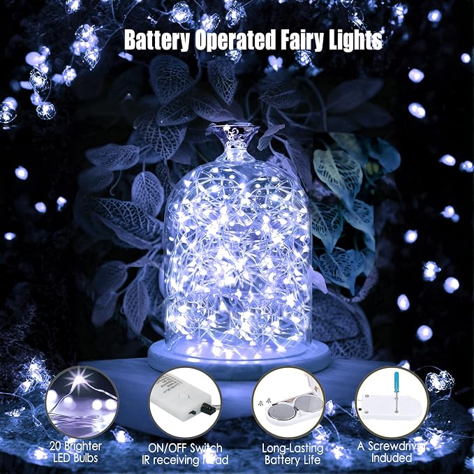 6 Pack Fairy Lights Battery Operated String Lights w/ Timer,2 Remotes,20LED | 6.5ft Cool White Firefly Lights,Waterproof Silver Wire Twinkle Lights DIY Mason Jar Wedding Party Christmas Table Decor