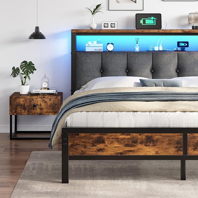 Homkdom Queen Bed Frame with Storage Headboard & Charging Station | Linen Upholstery, 2-Tier Shelf, 2 AC Outlets, Type-C, RGB LED Remote, 12in Underbed Clearance, 1000 lbs, No Box Spring, Brown