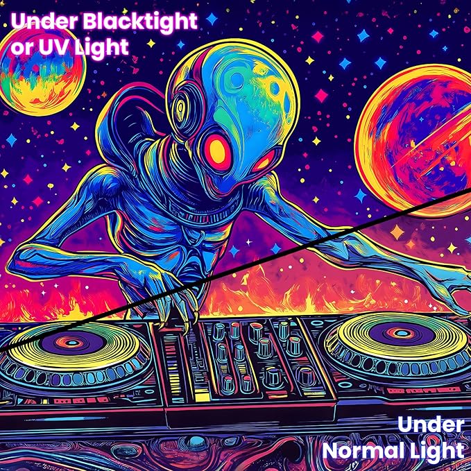 BVBOX Blacklight Space Astronaut Tapestry UV Reactive Galaxy Planet Glow in Dark Tapestries Black Light Poster Neon Wall Hanging Art for bedroom Living Room (Alien1-1M)