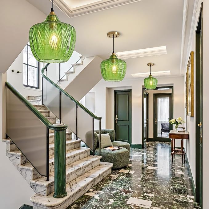 Modern Gold Pendant Light, Green Glass Farmhouse Kitchen Island Pendant Light Fixture Adjustable Vintage Hanging Ceiling Light for Dining Room Corridor 9.45 inch 1 Pack, UL Certification