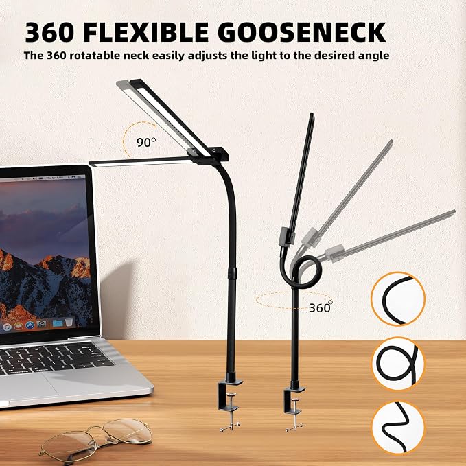 Led Desk Lamp with Clamp, Gooseneck Remote Control Desk Light with Eye Protection, 24W Ultra Bright Stepless Dimming and Tempering LED Desk Lamp for Home Office, Bedroom, Study