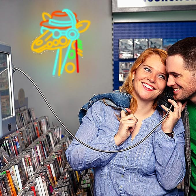 Giraffe Headset Neon Sign for Wall Decor Special Cowboy Hat Neon Light Colorful Animal Led Light Sign Dimmable Headset Light Up Sign for Bedroom Game Room Bar Club Zoo Party