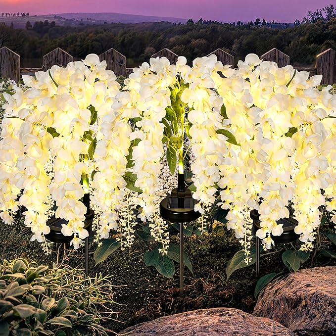 GIGALUMI 3 Pack Solar Wisteria Flowers Outdoor, 2 Modes, White | Flower Lights, IP65 Waterproof, Auto On/Off, Solar Powered, Garden Decor, for Pathway, Yard, Patio, Gardening Gifts for Women