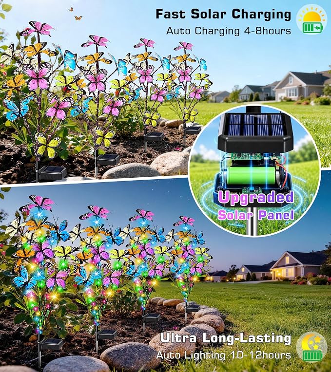 Solar Garden Lights Outdoor, 4 Pack 240 LED Butterfly Lights, Waterproof | 54 Colorful Butterflies and 240 LEDs Garden Decor, Waterproof Yard Decor for Patio and Lawn, Gift for Women and Mom