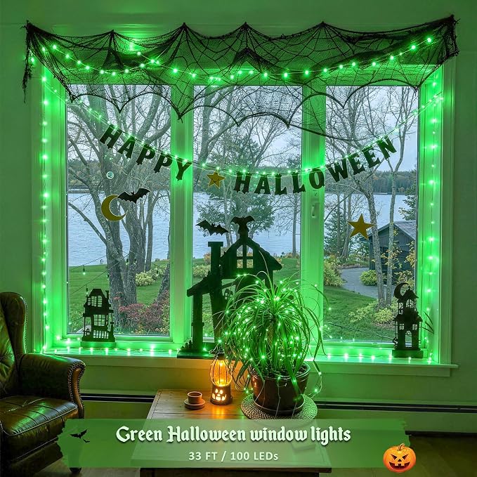 JMEXSUSS 100 LED Green Halloween Fairy Lights Plug in with Remote | 33 ft Green String Twinkle Christmas Light for Indoor Outdoor Christmas Tree Garden Home Party Decor, with Wheel