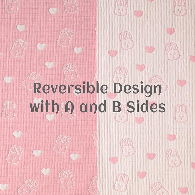 NTBAY 3 Layer Muslin Toddler Blanket, 30 x 40, Pink Rabbit | Breathable Muslin Cotton Outer Layers with Light Thermal Fill, Reversible for Stroller, Daycare, Travel, and Supervised Use