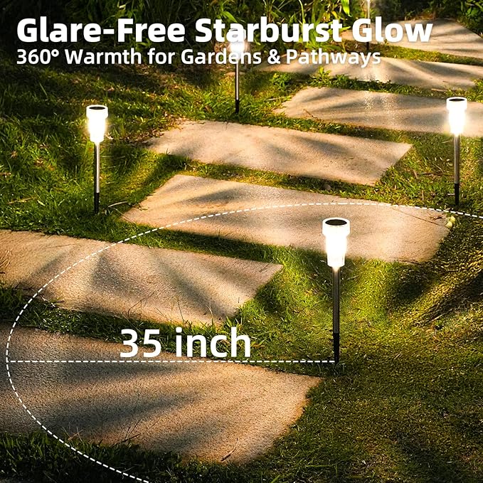 DERAYSION Solar Lights Outdoor, 8 Pack Solar Pathway Lights Dusk-to-Dawn Garden Lighting, Waterproof LED Stainless Steel Pole, Outdoor Solar Lights for Path Walkway Yard Driveway Decor - Warm White