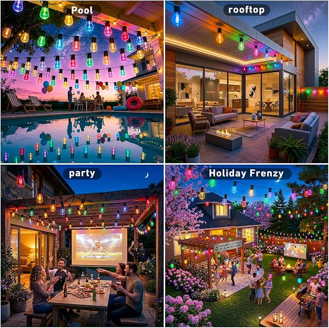 Outdoor String Lights,200FT Smart RGB+IC Patio Lights with Shatterproof LED Bulbs ,Outside Light Dimmable Patio for Decor DIY IP67 Waterproof ,Courtyard, garden,Holiday,LED lights more Scene Modes