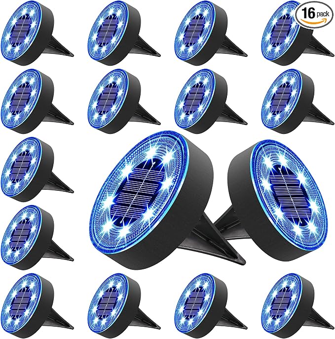 Joomer Solar Ground Lights Outdoor Waterproof, 16 Pack 8 LED, Blue | Solar Powered Garden Lights Disc Landscape Lighting Outdoor for Patio Pathway Lawn Yard Driveway Walkway outside