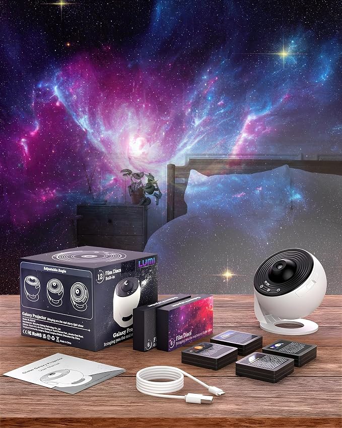 Lumi Galaxy Projector Star Projector Galaxy Light with 12 HD Film Discs | 360° Rotating Planetarium Room Lights for Bedroom Ceiling, Night Light for Kids, Aurora Northern Sky Display, Gift Idea