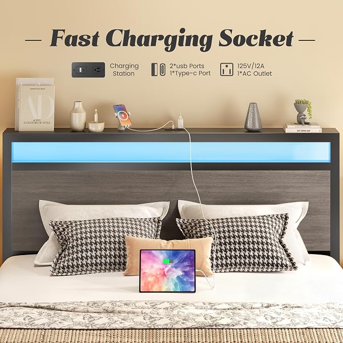 Fluest Queen Bed Frame with Headboard & Footboard, Bed Frame with Built-in Charging Station & LED Light, Storage Shelf, Noise-Free, No Box Spring Needed, Easy Assembly, Rustic Grey