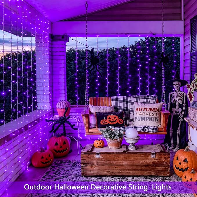 JMEXSUSS 200 LED USB Purple Halloween Lights, 6.5ft x 6.5ft | Halloween Curtain Lights with Remote, 8 Modes Purple Curtain String Lights for Bedroom Party Halloween Decorations