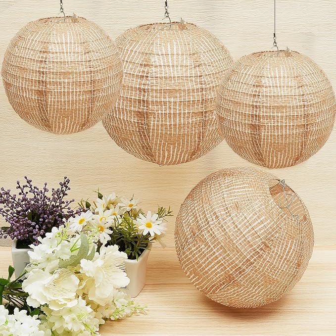 12 Pcs Print Burlap Paper Lanterns Round Chinese Paper Lanterns Farmhouse Boho Classroom Home Decor Classroom Sweet Birthday Party Ceremonial Event (8/10/12 Inch)