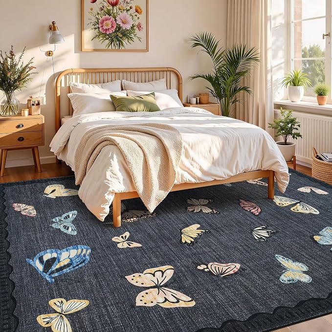 GarveeHome Butterfly Area Rug 8x10, No Slip Washable Rug, Modern Bedroom Rug Under Bed Ultra Carpet, Low-Profile Rugs for Living Room Bedroom Dining Room, Black