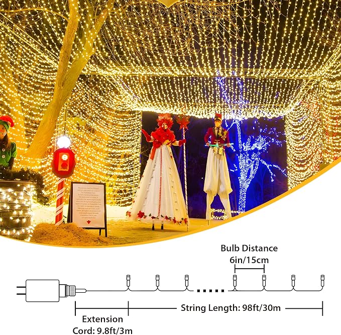 Warm White Christmas String Lights, 98FT 200 LED Fairy Lights Indoor | Up to 8 Sets, 8 Modes with Memory, Connectable, Transparent Wire, IP65 Waterproof Outdoor Decor for Classroom, dorm, Bedroom