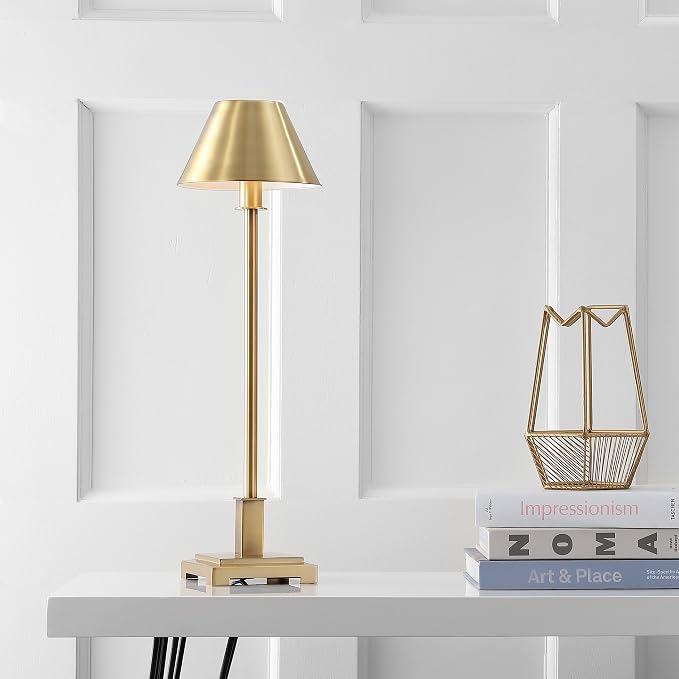 JONATHAN Y Roxy Slim Modern LED Table Lamp Metal 26", Brushed Brass Gold | Empire Shade, Nightstand Buffet Desk Lighting For Living Room Office, Rotary Socket Switch, Silk Cord, LED Bulb Included