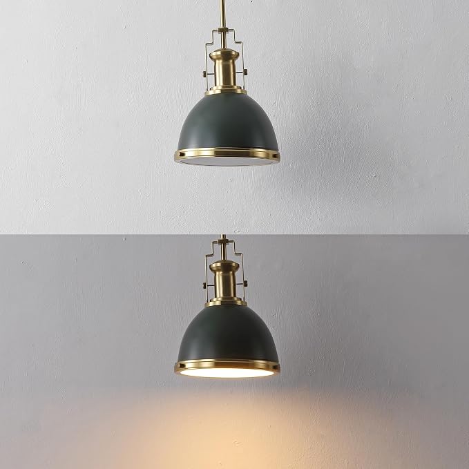 JONATHAN Y Homer Industrial Dome Pendant 10", Kombu Green/Brass Gold | 1-Light, Farmhouse Style, Adjustable Hanging Height, Glass Diffuser, Sloped Ceiling Compatible, Metal, LED Bulb Included