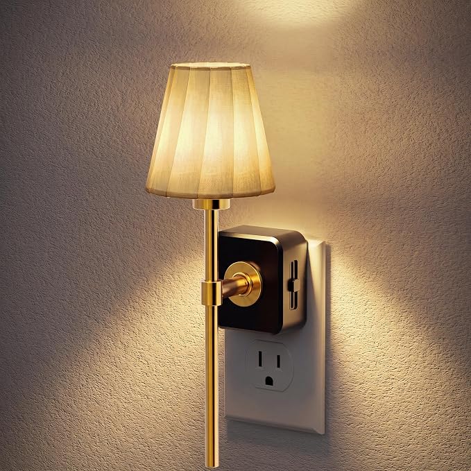 JandCase Night Lights Plug into Wall Vintage Nightlight Dusk to Dawn Sensor | 0-100LM Dimmable, Pleated Fabric Beige Lamp for Living Room Bedroom Hallway