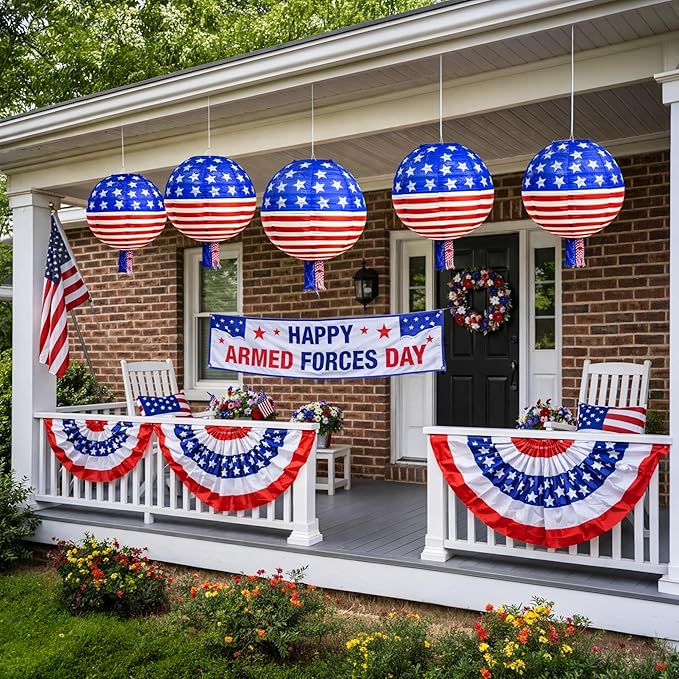 Mudra Crafts 12 In 10 American Flag Paper Lanterns Red White Blue Decorations for Armed Forces & Memorial Day Décor - USA Citizenship Event Patriotic Decorations