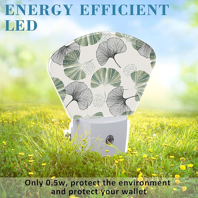 Elegant Ginkgo Leaves Night Light Plug into Wall, Green Ginkgo Night Light with Dusk to Dawn Sensor for Kid Girls Boys Women Men Bedroom, Hallway, Kitchen, Bathroom, Stairs Decor