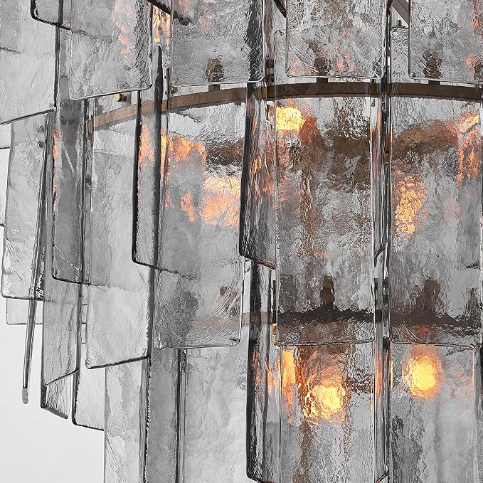 47" Extra Large Tiered Smoked Clear Textured Glass Chandelier, 18-Light Modern Large Pendant Lighting with E26 Sockets, 77" Adjustable Rods, Ceiling Fixture for Dining Room, Living Room, Foyer (Gold)