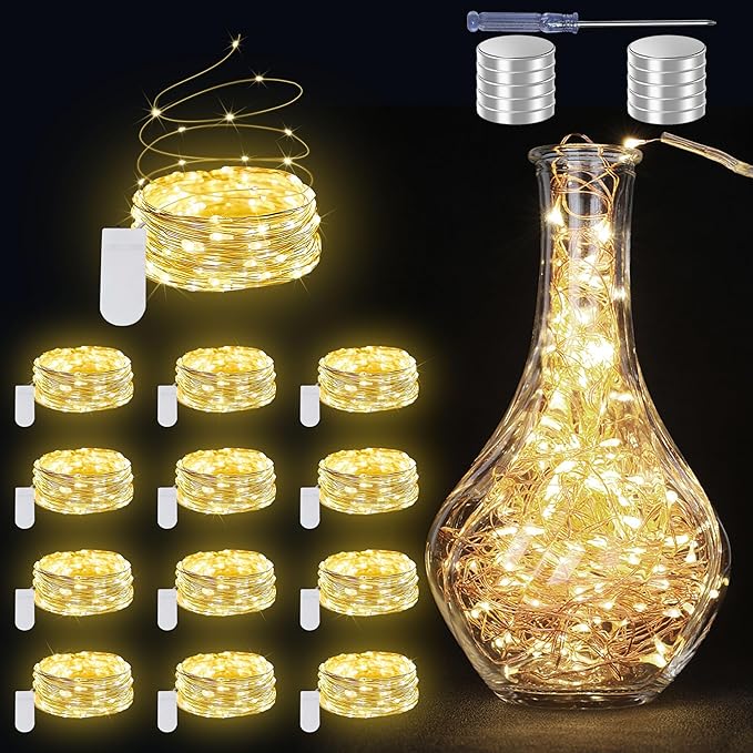 12 Pack Fairy Lights Battery Operated String Lights - 7ft 20 LED Waterproof Silver Wire Firefly Lights for DIY Wedding Décor Table Centerpieces Craft Mason Jars Party Decor(Warm White)