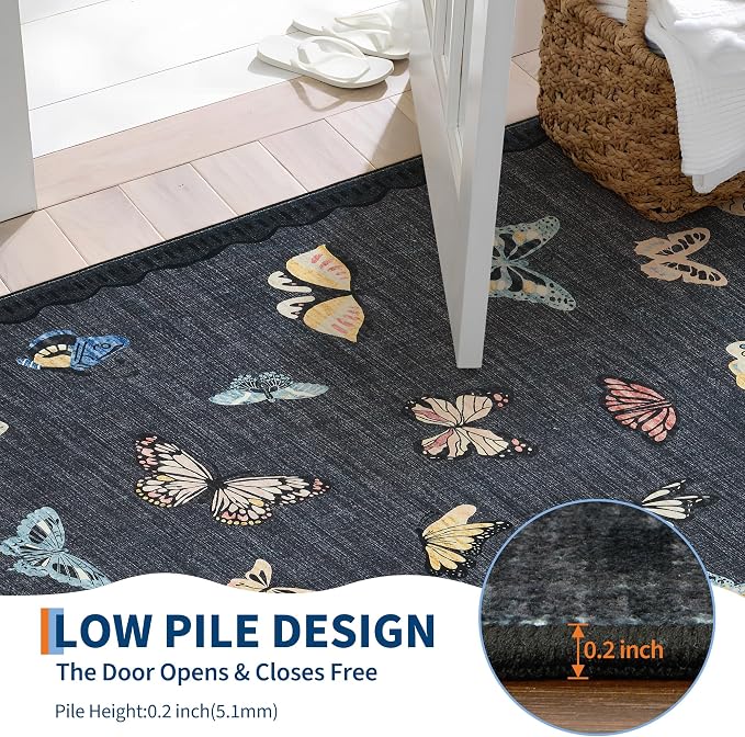 GarveeHome Butterfly Area Rug 5x7, No Slip Washable Rug, Modern Bedroom Rug Under Bed Ultra Carpet, Low-Profile Rugs for Living Room Bedroom Dining Room, Black