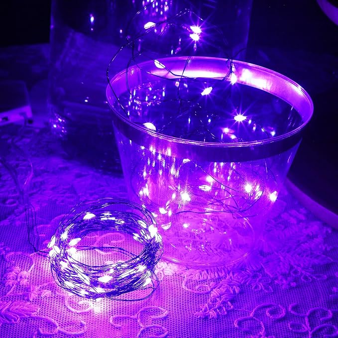 WATERGLIDE 12 Pack Halloween Fairy Lights Battery Operated (Included), 7 ft 20 LED Mini Firefly Starry String Lights, Waterproof Black Wire Light for DIY Mason Jar Table Halloween Decor, Purple