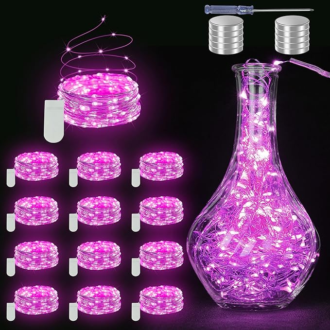 12 Pack Fairy Lights Battery Operated String Lights - 7ft 20 LED Waterproof Silver Wire Firefly Lights for DIY Wedding Décor Table Centerpieces Craft Mason Jars Party Decor(Pink)