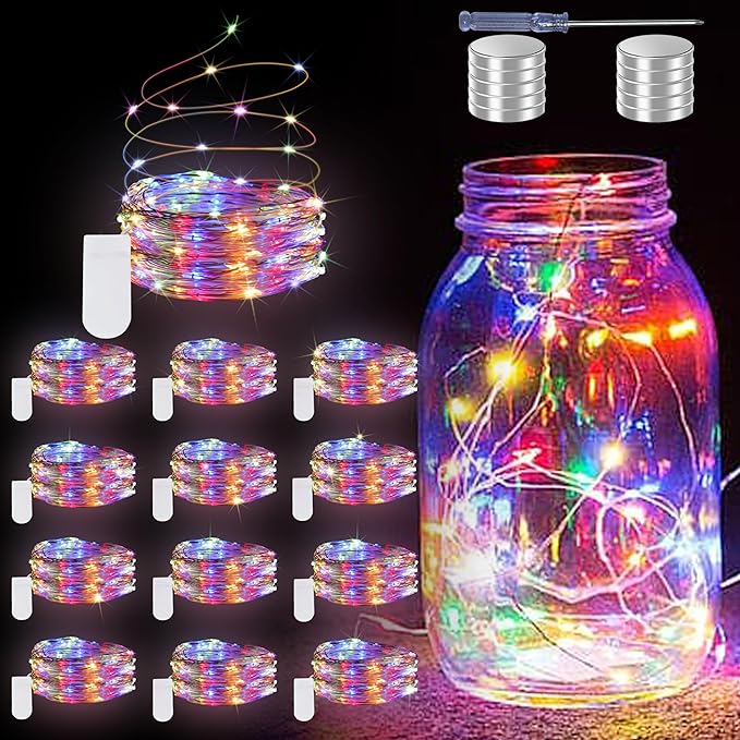 12 Pack Fairy Lights Battery Operated String Lights - 7ft 20 LED Waterproof Silver Wire Firefly Lights for DIY Wedding Décor Table Centerpieces Craft Mason Jars Party Decor(Multicolor)