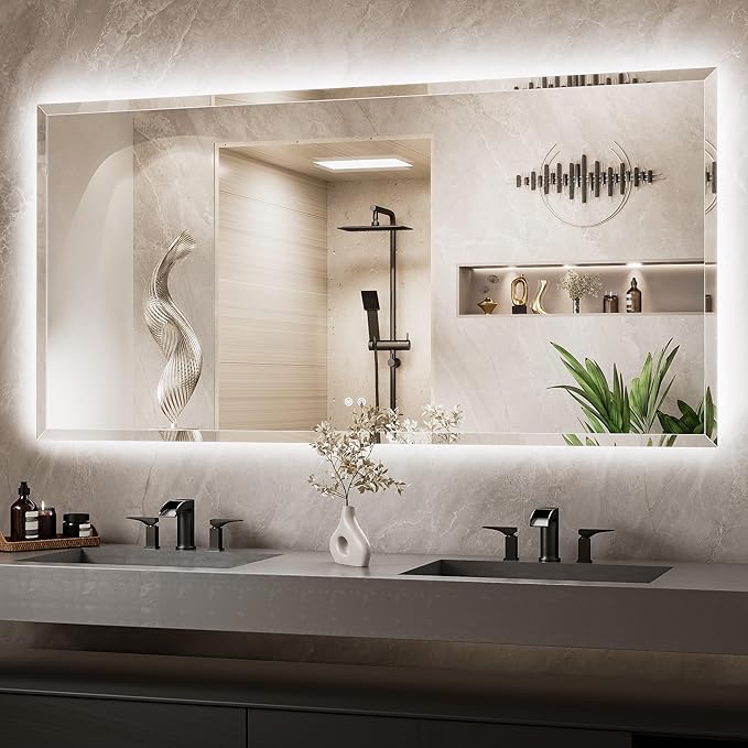 TETOTE 72 x 36 Large LED Mirror Backlit, Beveled Bathroom Mirror with Backlight, Tempered Glass, 3 Colors Lights, Defogger, Adjustable Brightness, Smart Mirror, Frameless Vanity Mirror for Wall