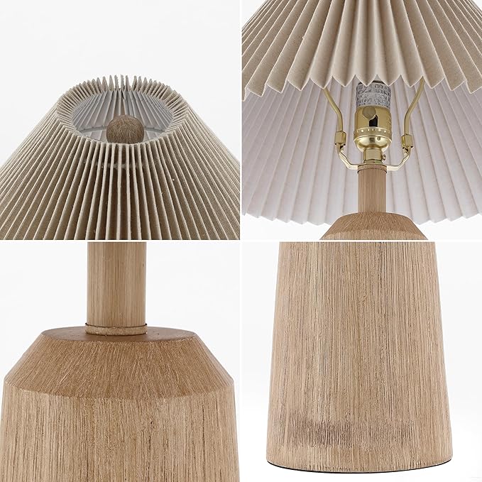 JONATHAN Y 20.5" Beige Wood Finish Rustic Scandinavian Lighthouse LED Table Lamp, Mid-Century Resin Bedside Light with Pleated Linen Shade, LED Bulb Included JYL1146A