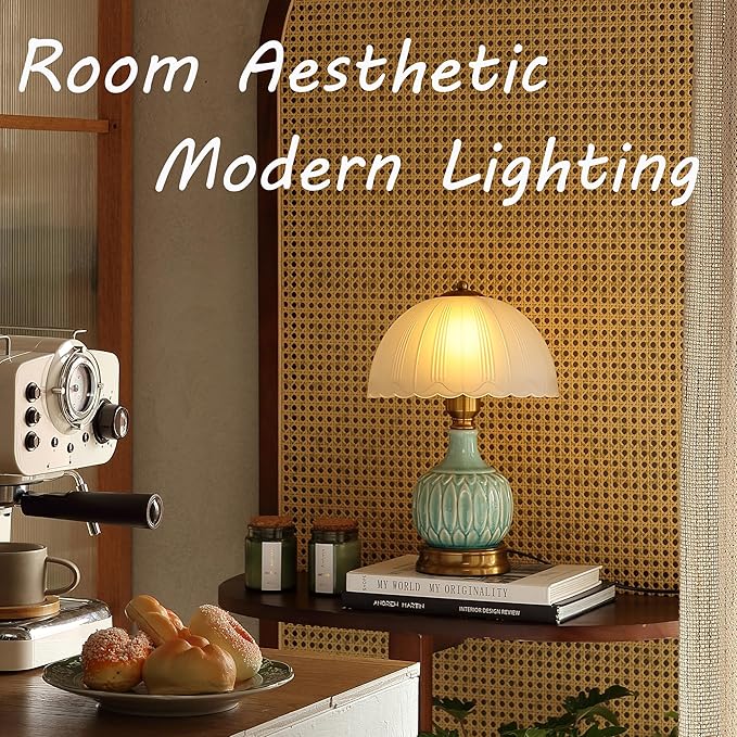 Glivpny 16" Vintage Ceramic Table Lamp for Bedroom,Mushroom Lamps(LD002) | Mid Century Modern Ceramic Lamps for Living Room,Retro Bedside Glass Lamps, Classic Chinoiserie Green Lamp for Home Decor