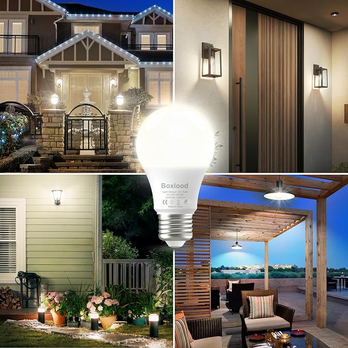 Boxlood Dusk to Dawn LED Outdoor Light Bulb, 12W Supper Bright A19 Dusk to Dawn Light Bulbs, Auto on/Off Photocell Automatic for Indoor Outdoor, 6000K, 6 Pack