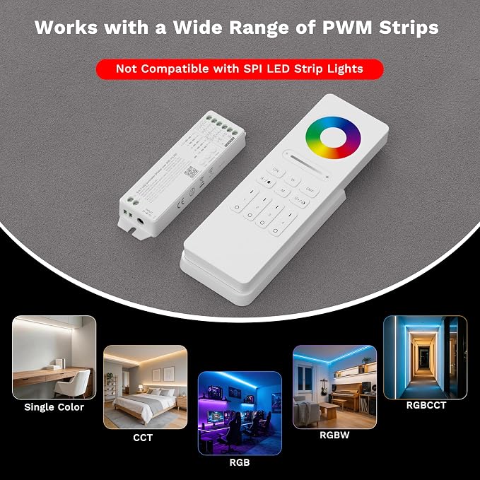 MIWISE Matter LED Controller,2.4GHZ WiFi 4 Zones RF Remote Kit for LED Strip Light,Works with Tuya/Alexa/Google Home/Apple Homekit/Siri,for Dimming/CCT/RGB/RGBCCT/RGBW COB LED Strip Light DC12-48V
