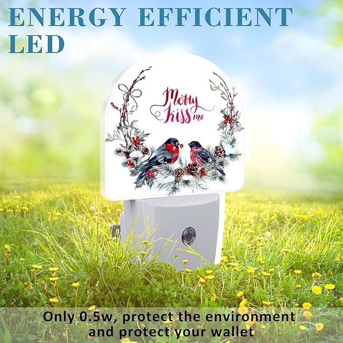 Plug in Night Lights Watercolor Christmas Wreath with Bullfinches Nightlight Plug Into Wall Dusk to Dawn Sensor LED Night Light for Kid Girls Boys Room Decor,Hallway,Kitchen,Bathroom,Nursery
