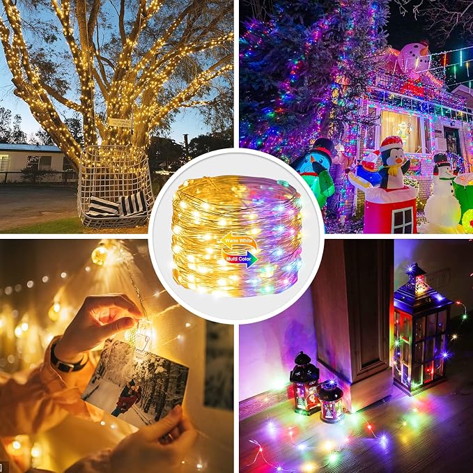 JMEXSUSS 2 Pack Fairy Lights Battery Operated, Warm White & Multicolor | Total 200LED 66ft, with Remote & Timer, Color Changing Christmas Lights, 8 Modes Twinkle String Lights for Bedroom Tree Decor